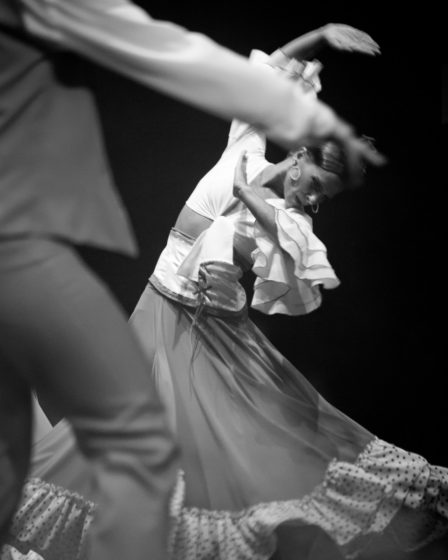 Danseuse de flamenco en robe traditionnelle, mouvement flou artistique