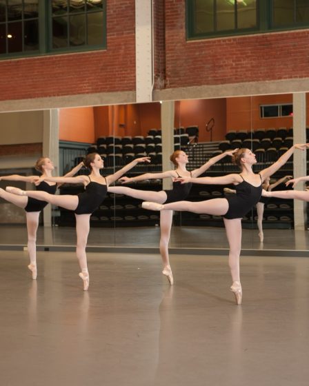 Jeunes danseuses en cours de danse, arabesque à la barre face au miroir