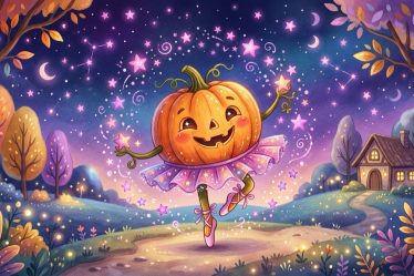 Illustration d’une citrouille souriante qui danse en chaussons sous les étoiles