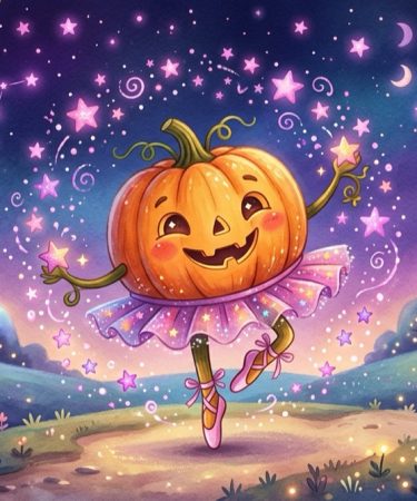 Illustration d’une citrouille souriante qui danse en chaussons sous les étoiles