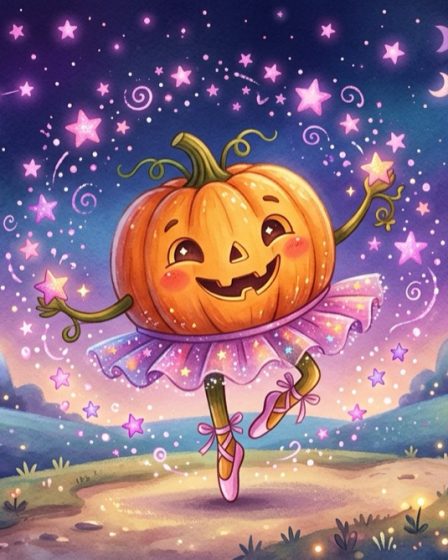 Illustration d’une citrouille souriante qui danse en chaussons sous les étoiles