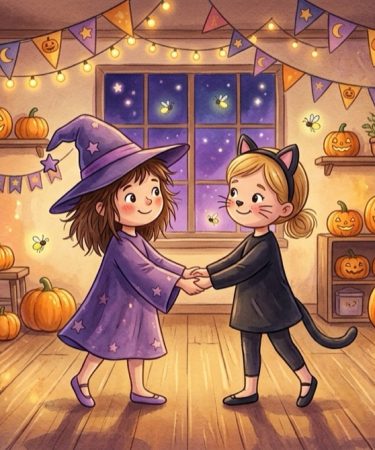 Illustration de deux petites filles déguisées en sorcière et en chat noir qui se tiennent la main dans une salle de danse décorée pour Halloween