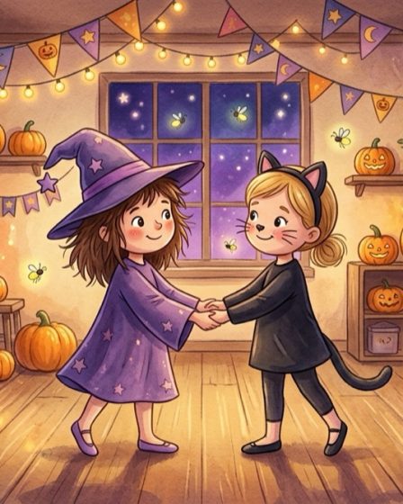 Illustration de deux petites filles déguisées en sorcière et en chat noir qui se tiennent la main dans une salle de danse décorée pour Halloween