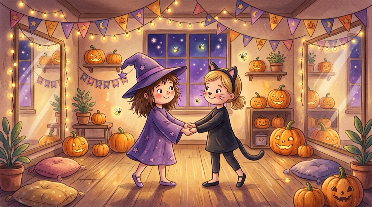 Illustration de deux petites filles déguisées en sorcière et en chat noir qui se tiennent la main dans une salle de danse décorée pour Halloween