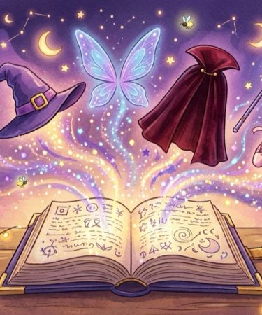 Illustration d’un grimoire magique d’où s’envolent un chapeau de sorcière, des ailes de fée, une cape et des chaussons de danse