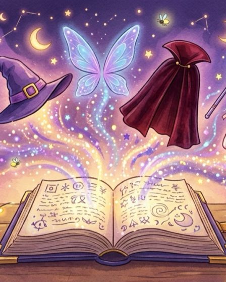 Illustration d’un grimoire magique d’où s’envolent un chapeau de sorcière, des ailes de fée, une cape et des chaussons de danse