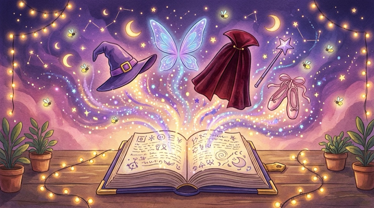 Illustration d’un grimoire magique d’où s’envolent un chapeau de sorcière, des ailes de fée, une cape et des chaussons de danse