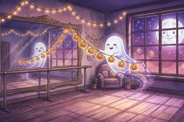 Illustration d’un petit fantôme souriant qui accroche des guirlandes de citrouilles dans une salle de danse