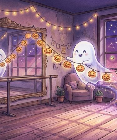Illustration d’un petit fantôme souriant qui accroche des guirlandes de citrouilles dans une salle de danse