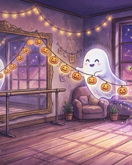 Illustration d’un petit fantôme souriant qui accroche des guirlandes de citrouilles dans une salle de danse