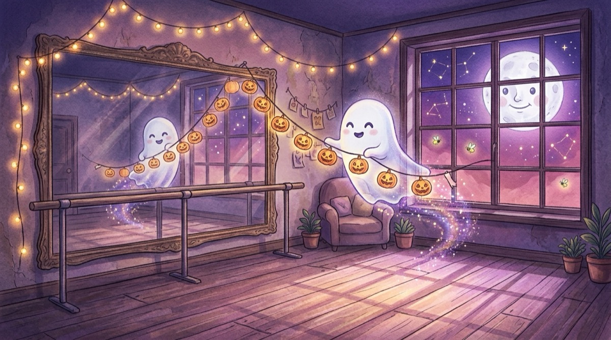 Illustration d’un petit fantôme souriant qui accroche des guirlandes de citrouilles dans une salle de danse